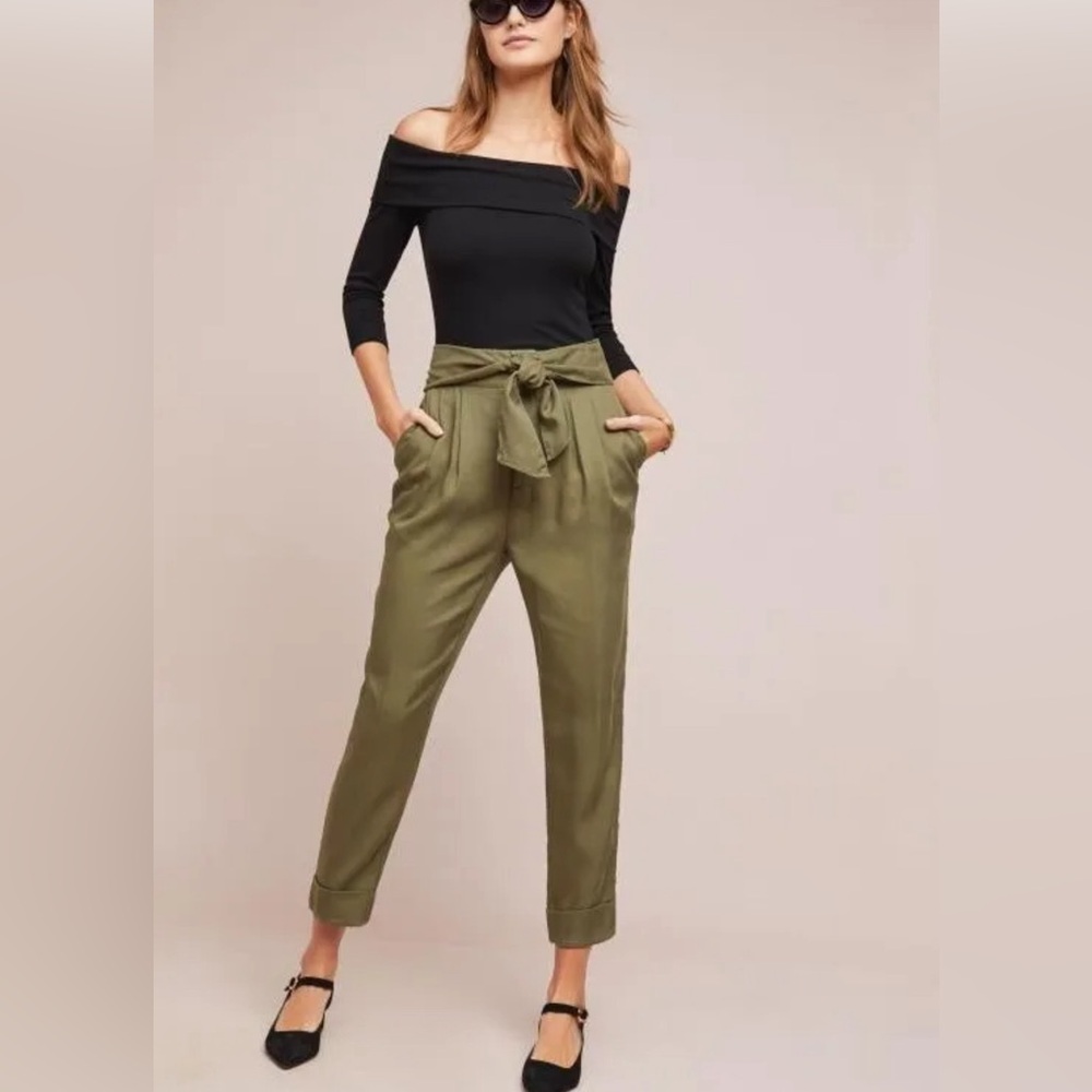 Anthropologie Cartonnier Kingsley Green Moss Tie-Belt Paperbag Trousers 0